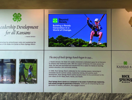 A new wall in Williams Dining Hall highlights the philanthropic roots of Kansas 4-H. This wall was unveiled as part of the 80th year celebration in April, and honors the many donors who have invested in the future of Kansas youth and adults who visit the state 4-H center throughout the year.